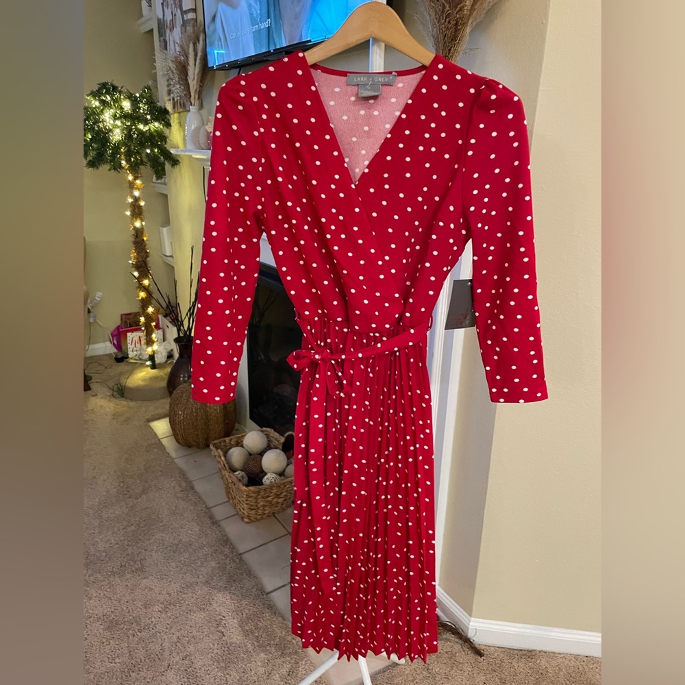 New Elegant Red Polka Dot Long Sleeve Dress, medium NWT
